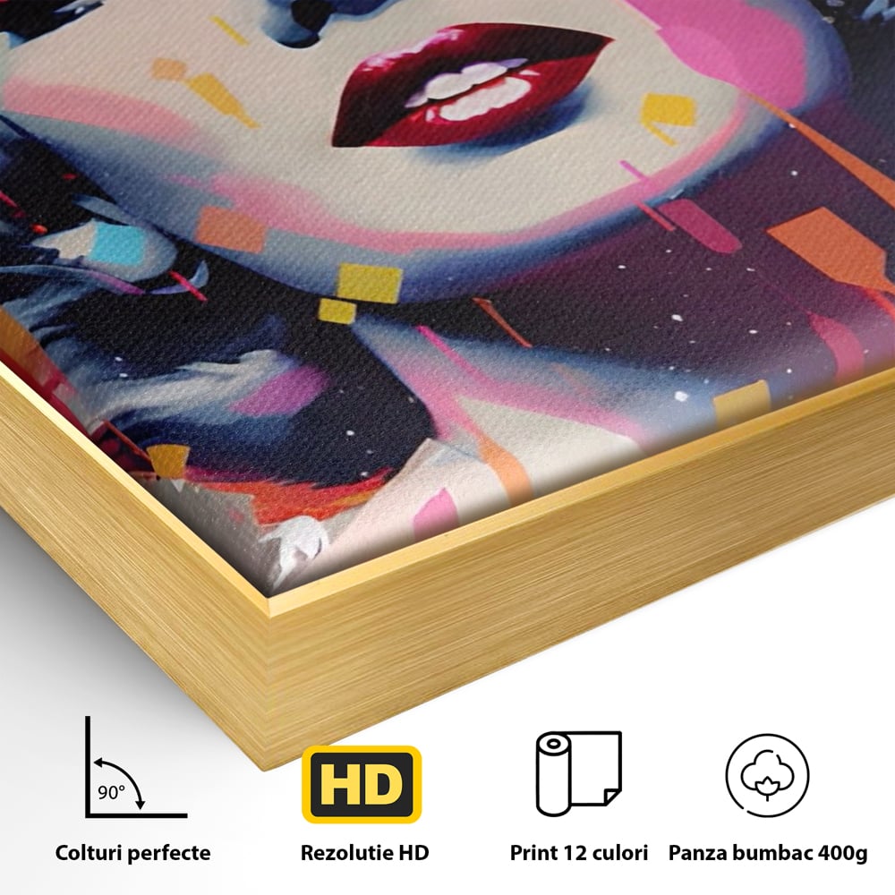 Detaliu al suprafetei: tablou canvas portret pop art marilyn monroe, in rama de aluminiu auriu